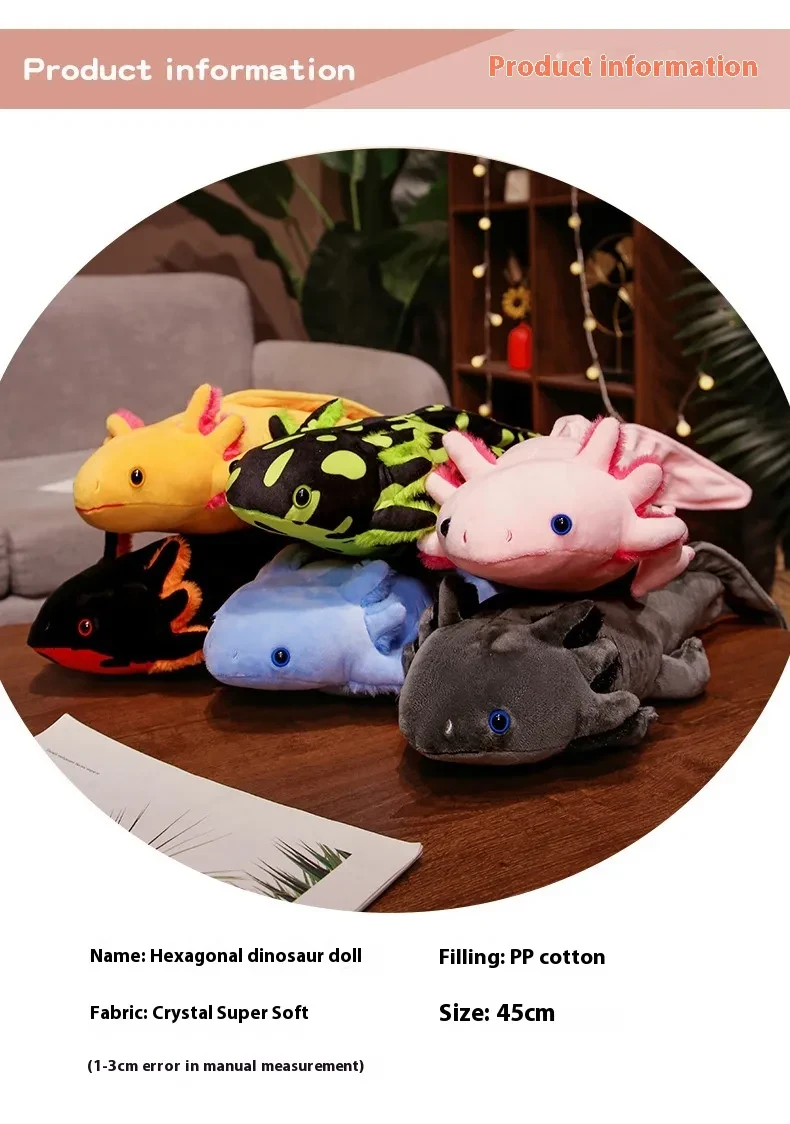 Lindo muñeco de dinosaurio de peluche con forma de salamandra y dragón hexagonal moteado