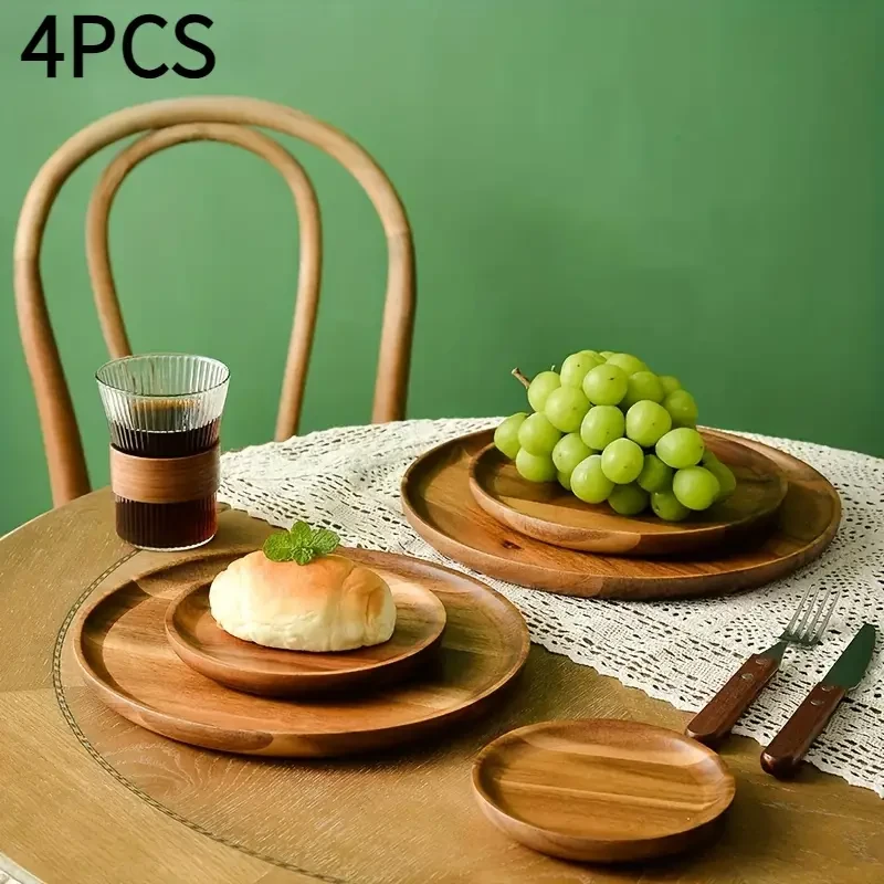 Juego de 4 platos de madera natural