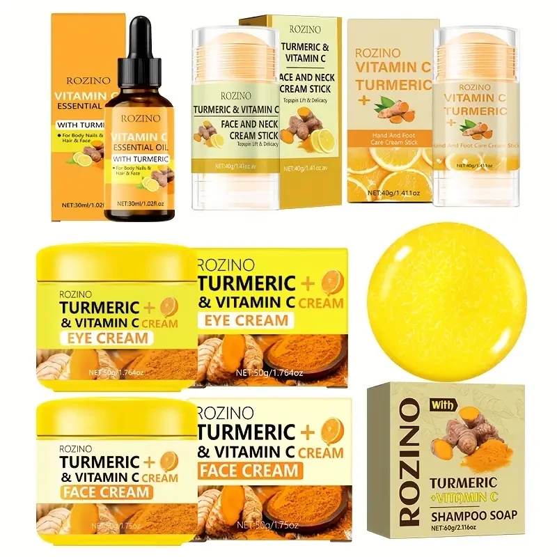 Set de 6 cremas hidratantes para rostro, ojos, manos y pies con cúrcuma y vitamina C. Incluye aceite esencial y champú. Hidratante, antiedad, minimiza los poros, hidratación duradera, sin alcohol, apto para todo tipo de piel.