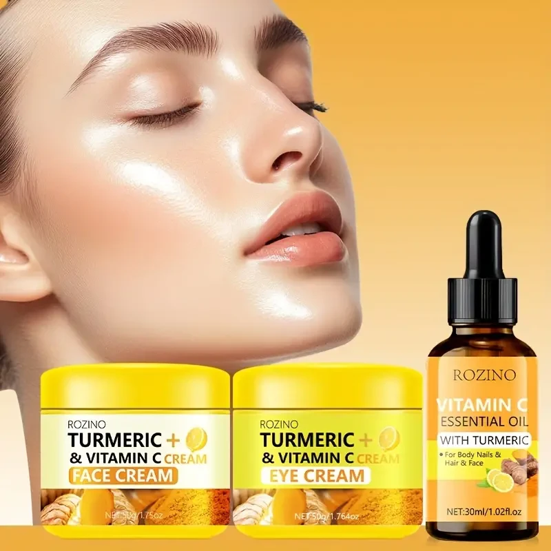 Set de 6 cremas hidratantes para rostro, ojos, manos y pies con cúrcuma y vitamina C. Incluye aceite esencial y champú. Hidratante, antiedad, minimiza los poros, hidratación duradera, sin alcohol, apto para todo tipo de piel.
