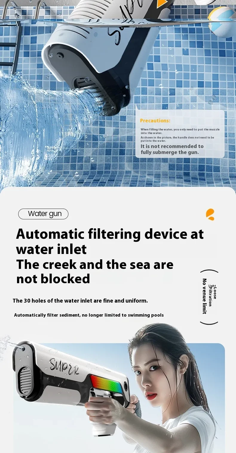 Pistola de agua eléctrica de alimentación automática para niños jugando con juguetes acuáticos