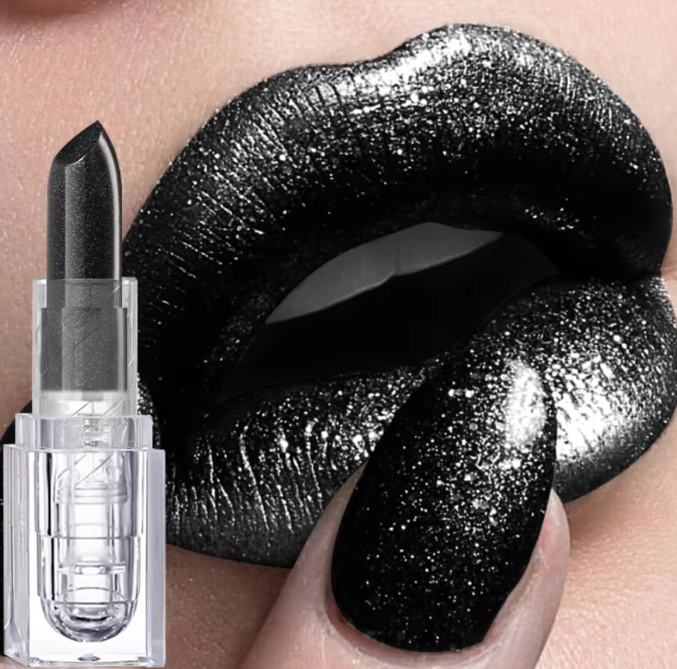 Lápiz labial negro sexy con purpurina resistente al agua