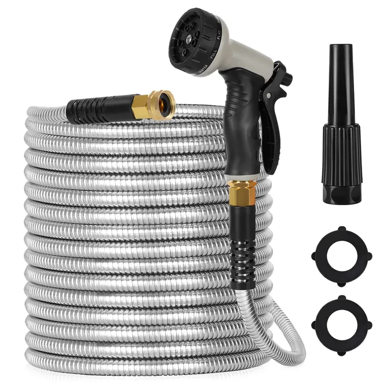 Manguera de jardín de metal, flexible de acero inoxidable de 30 m con 10 patrones ajustables, boquilla de pulverización, resistente, antitorsiones, 2 boquillas.