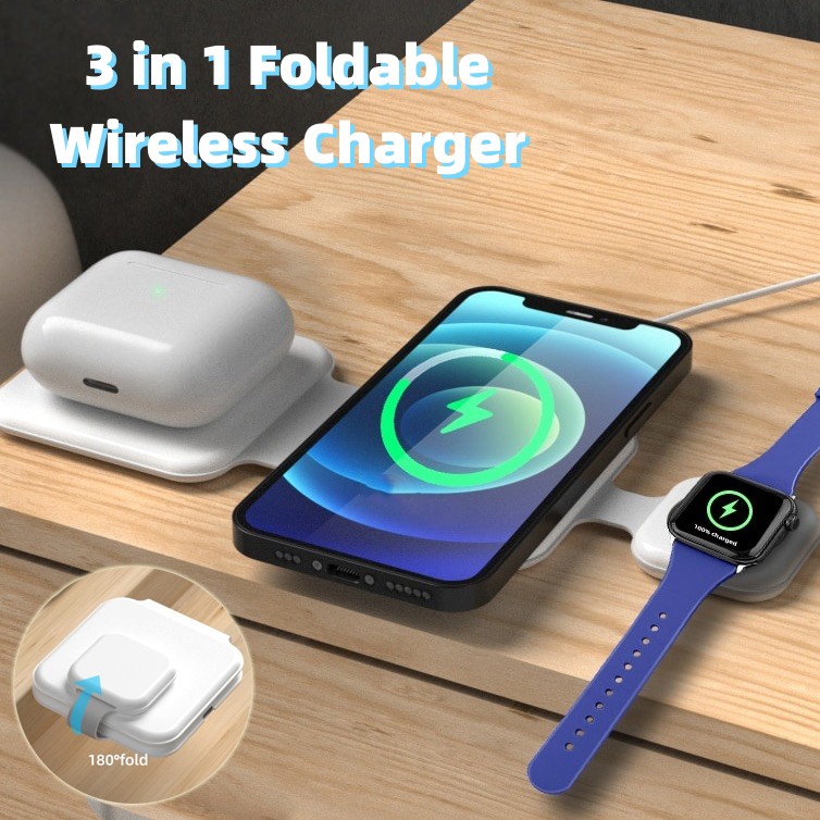 Cargador inalámbrico plegable magnético 3 en 1 para múltiples dispositivos. Cargador inalámbrico plegable para teléfono celular.