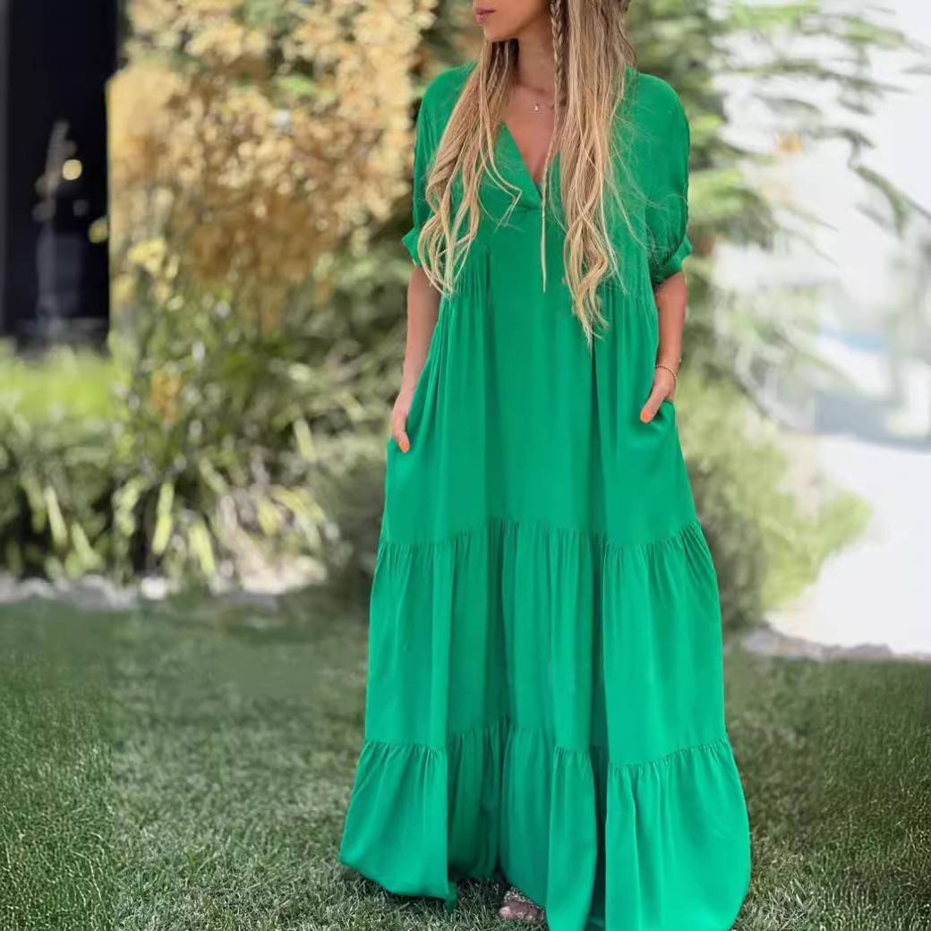 Vestido largo informal con cuello en V para mujer