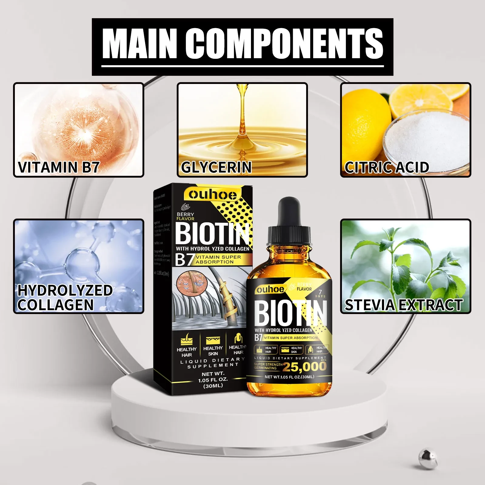 Gotas de biotina y colágeno líquido para el crecimiento del cabello - Suplemento de biotina y colágeno líquido para hombres y mujeres - Favorece una piel radiante y un crecimiento saludable del cabello y las uñas