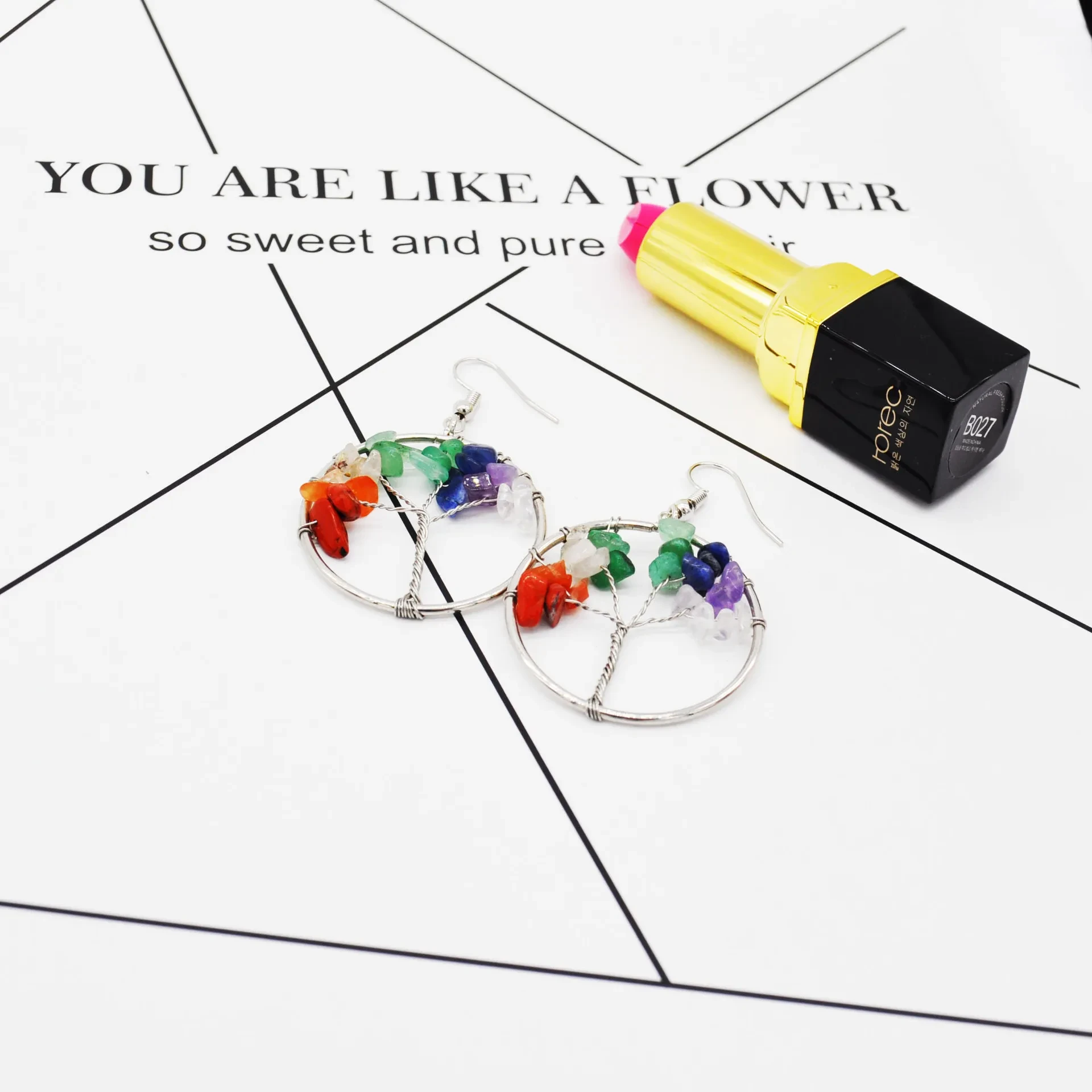 Pendientes de árbol de los deseos con piedra triturada de cristal natural, pendientes de árbol de cristal, joyería