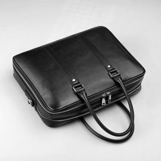 Bolso de mano de cuero auténtico para hombre con doble cremallera de piel de vacuno.