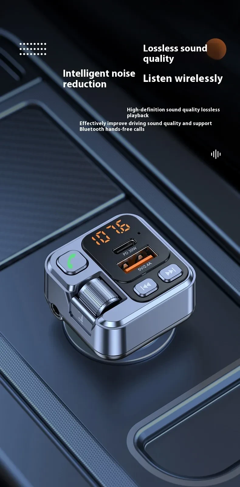 Reproductor MP3 Receptor compatible con Bluetooth Cargador de coche de carga rápida