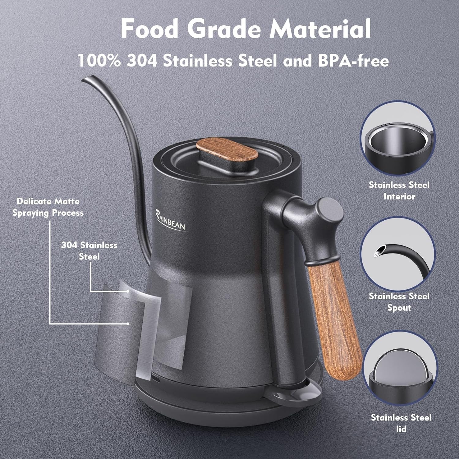 Hervidor eléctrico de cuello de cisne, hervidor de agua caliente para café, tetera, interior de acero inoxidable con diseño a prueba de fugas, calentamiento rápido, apagado automático