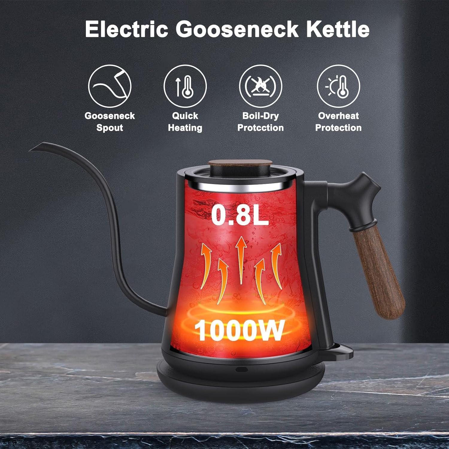 Hervidor eléctrico de cuello de cisne, hervidor de agua caliente para café, tetera, interior de acero inoxidable con diseño a prueba de fugas, calentamiento rápido, apagado automático