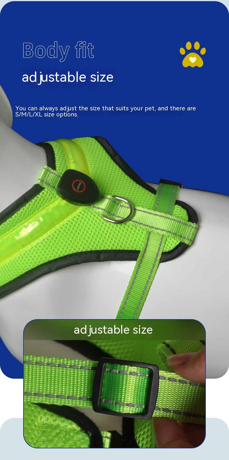 Arnés luminoso LED para perros con carga USB, correa para el pecho, reflectante de seguridad, para cachorros y perros grandes.
