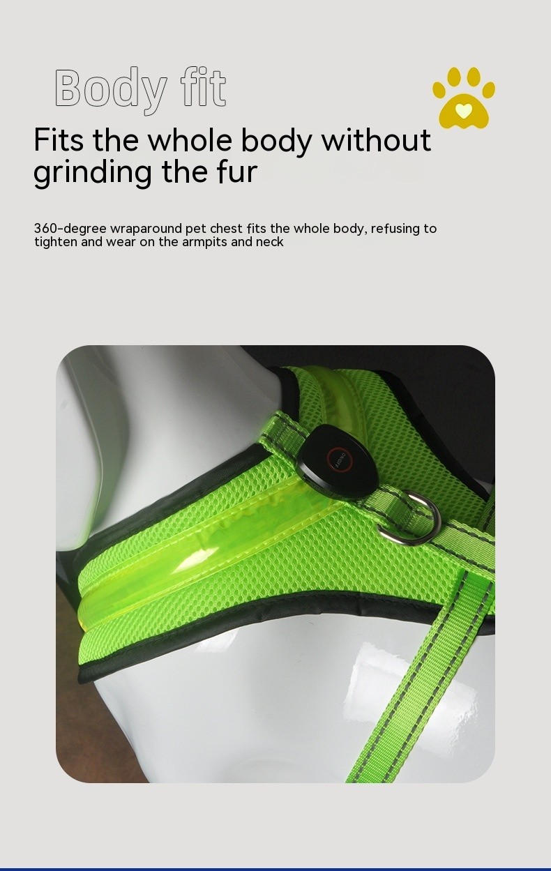 Arnés luminoso LED para perros con carga USB, correa para el pecho, reflectante de seguridad, para cachorros y perros grandes.