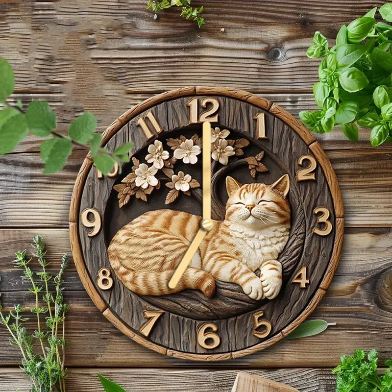 Reloj de pared con encantador gato atigrado y flor de cerezo