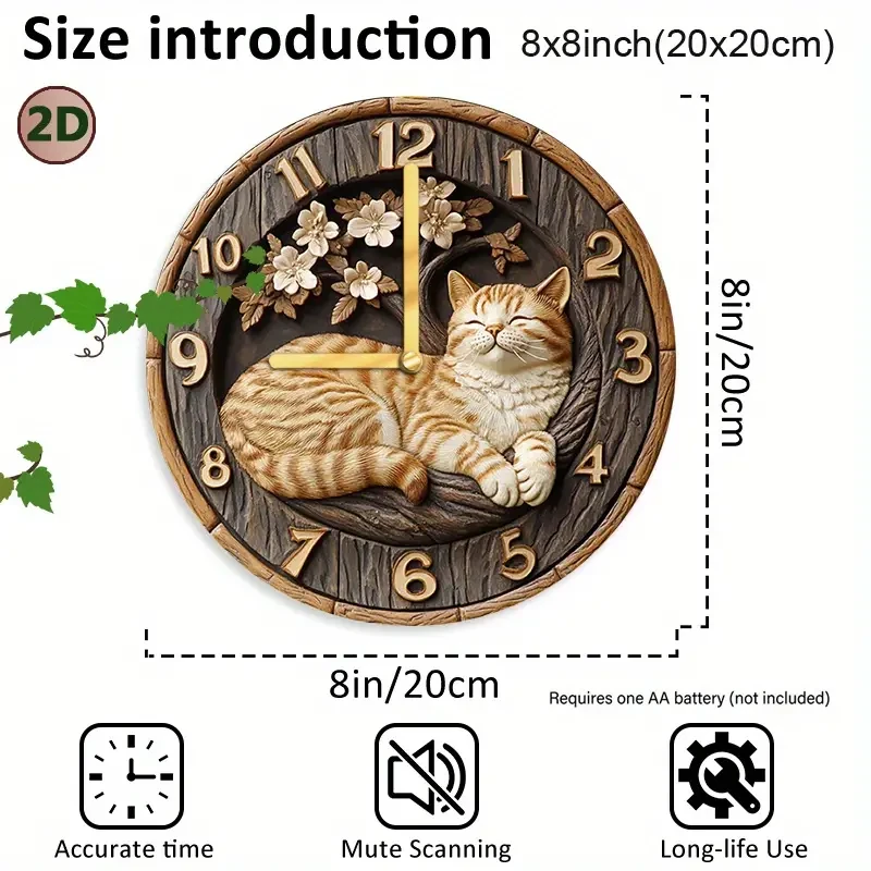Reloj de pared con encantador gato atigrado y flor de cerezo