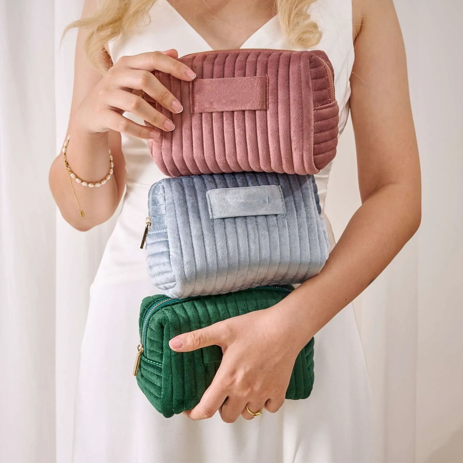 Bolsa de cosméticos de terciopelo de gran capacidad a cuadros