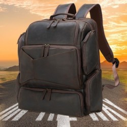 Mochila para computadora Crazy Horse de cuero genuino de viaje vintage de 17 pulgadas para exteriores, de gran capacidad