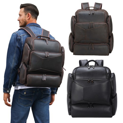 Mochila para computadora Crazy Horse de cuero genuino de viaje vintage de 17 pulgadas para exteriores, de gran capacidad
