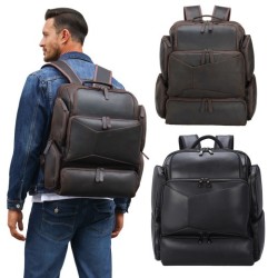 Mochila para computadora Crazy Horse de cuero genuino de viaje vintage de 17 pulgadas para exteriores, de gran capacidad