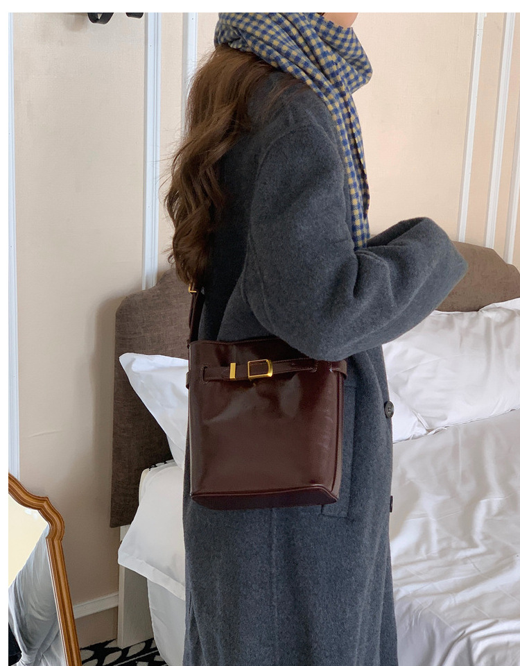 Bolso bandolera de piel con cera de aceite, estilo retro, sencillo, tipo cubo