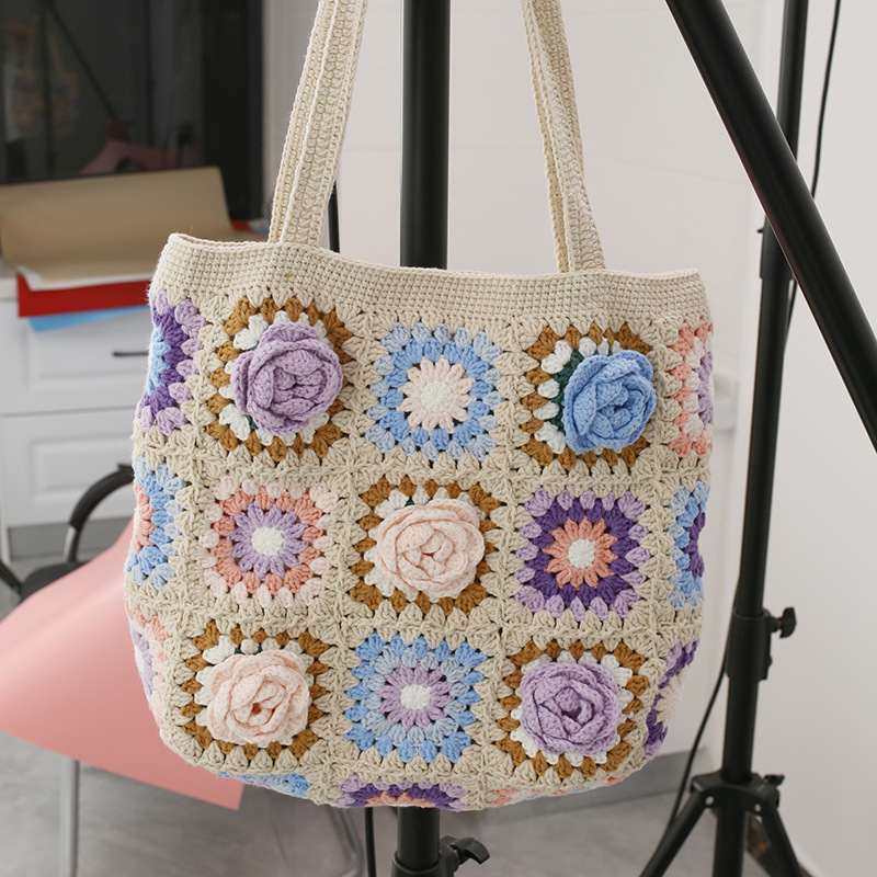 Bolso de hombro con flores estéreo tejido a mano creativo