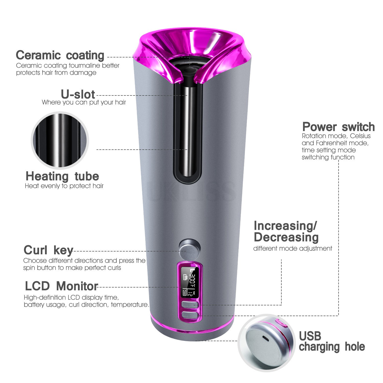 Rizador de pelo automático portátil, multifuncional, con carga USB