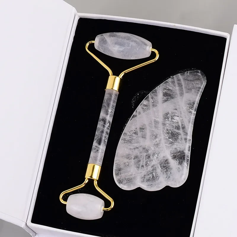Masajeador de rodillos de piedra, instrumento de belleza de cristal transparente