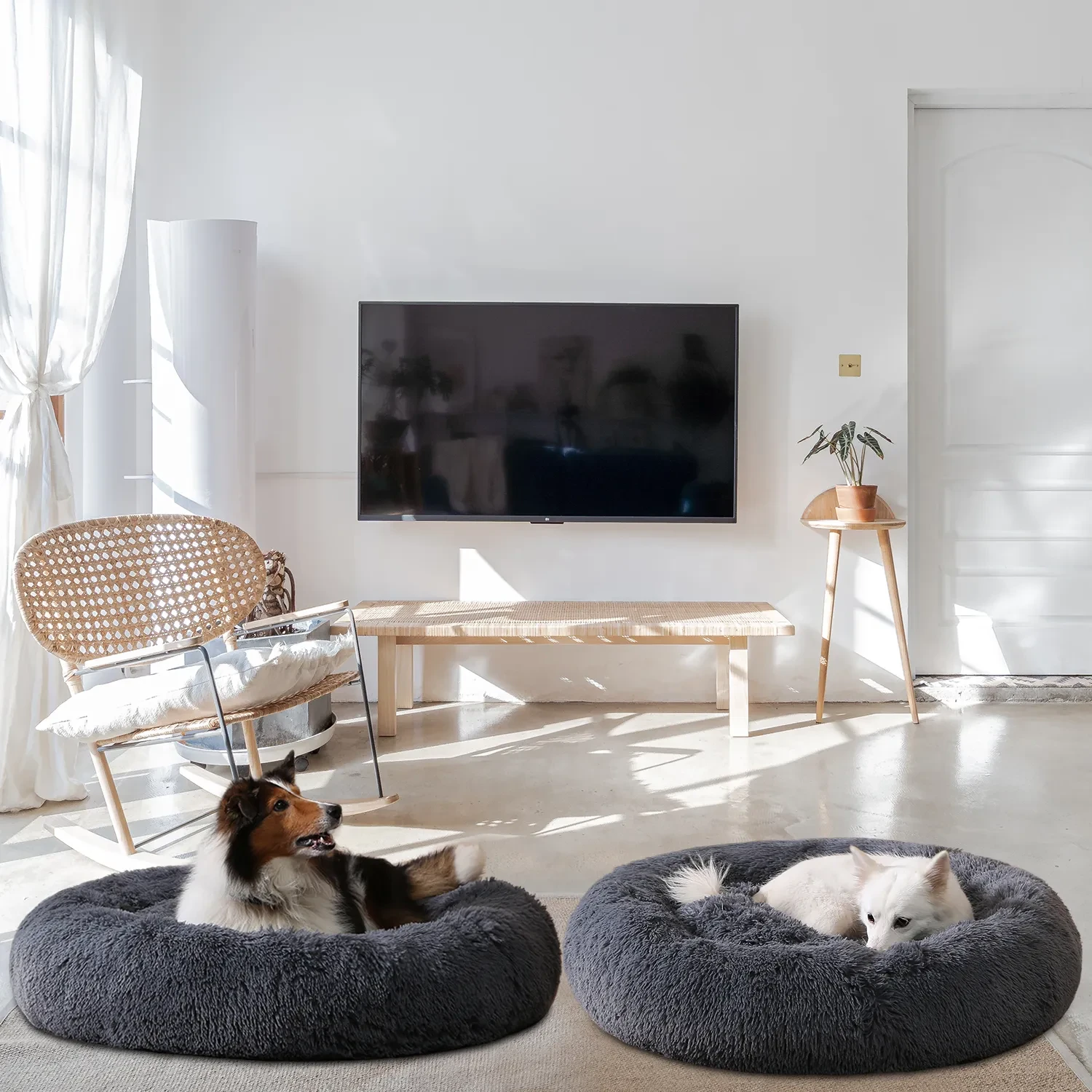 Cama para perro con forma de donut, cálida, suave y larga, de felpa