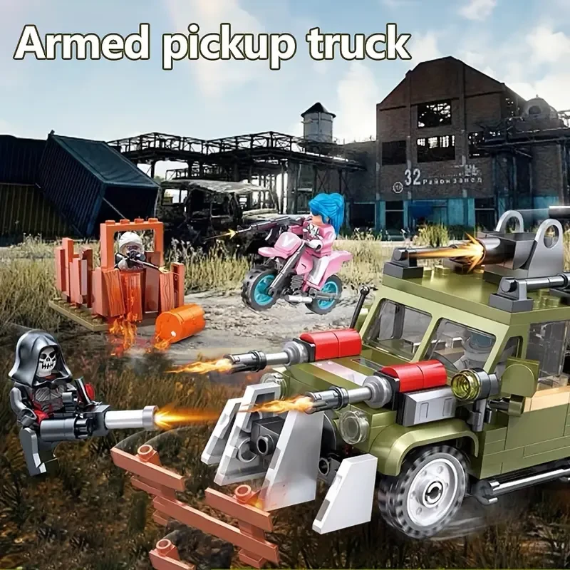 Juego de bloques de construcción de 363 piezas de camión armado con motocicleta, modelo para exhibición, regalo festivo, adorno, Halloween, Navidad, plástico, verde militar.