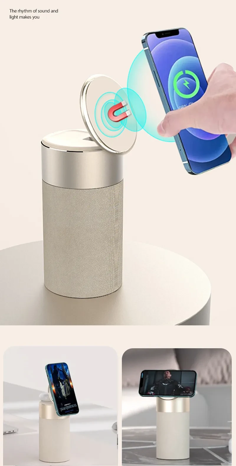 Cargador inalámbrico 3 en 1, altavoz Bluetooth y lámpara táctil