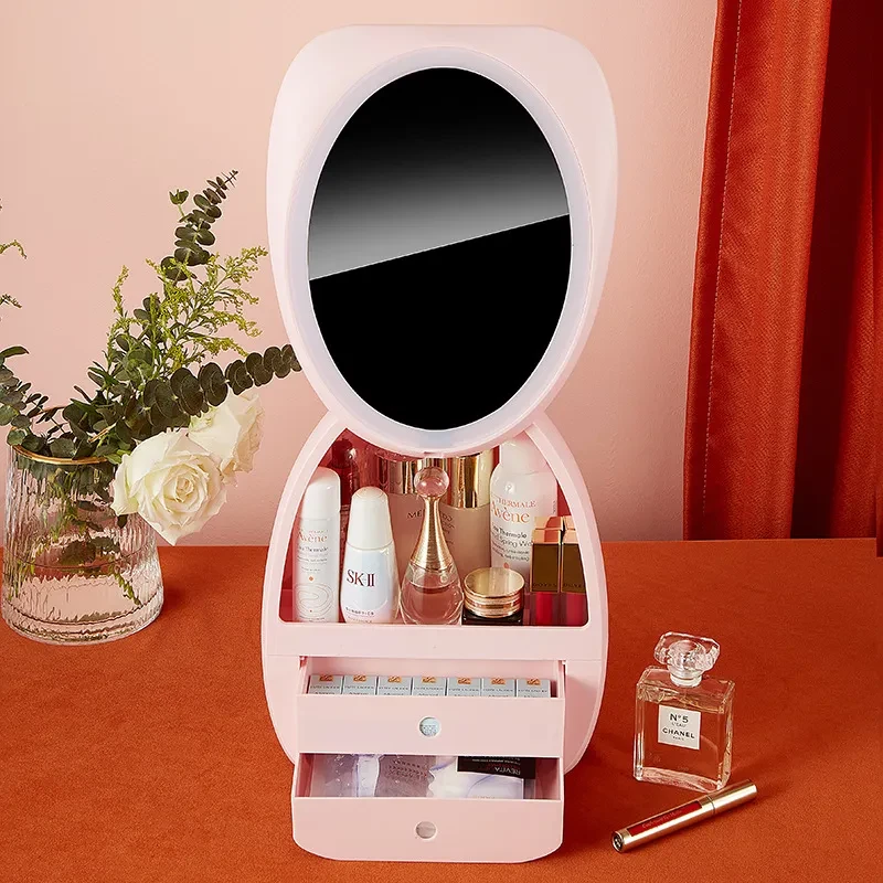 Caja de almacenamiento con espejo de maquillaje ligero, tocador