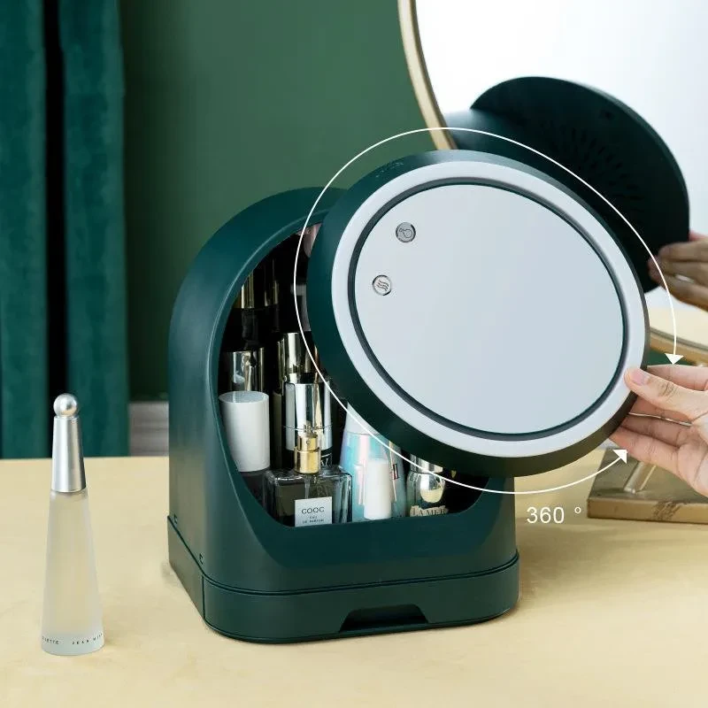 Espejo de maquillaje combinado con caja de almacenamiento y luz LED