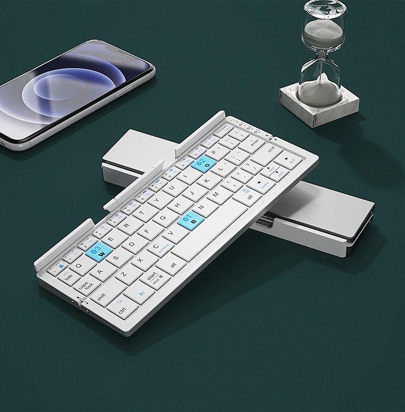 Teclado Bluetooth plegable BOW, teclado recargable, mini teclado inalámbrico plegable, teclado de aluminio con soporte para teléfono