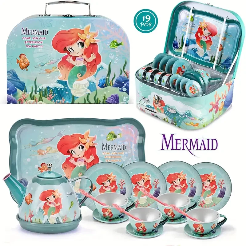TOIYESE - Juego de té de sirena de 19 piezas para niñas de 3 a 6 años (incluye juego de té de hojalata y estuche de transporte), juguete de cocina de princesa perfecto, regalo de cumpleaños ideal