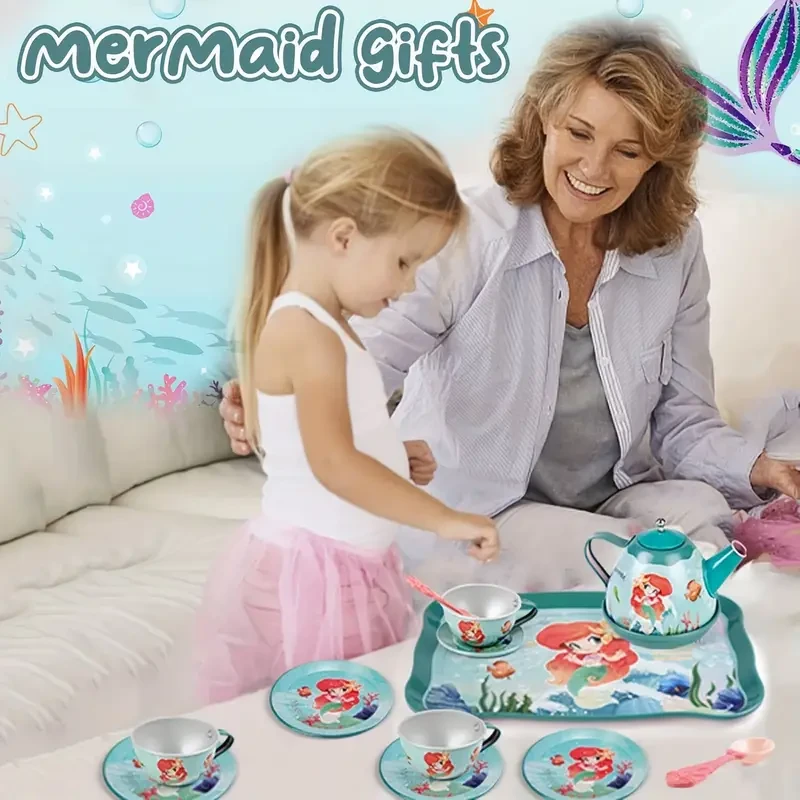 TOIYESE - Juego de té de sirena de 19 piezas para niñas de 3 a 6 años (incluye juego de té de hojalata y estuche de transporte), juguete de cocina de princesa perfecto, regalo de cumpleaños ideal