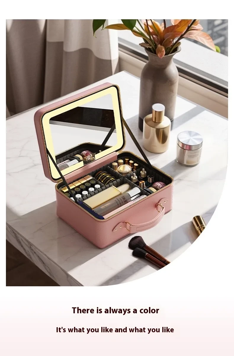 Estuche de maquillaje de alta gama, de gran capacidad y con iluminación de tres colores.