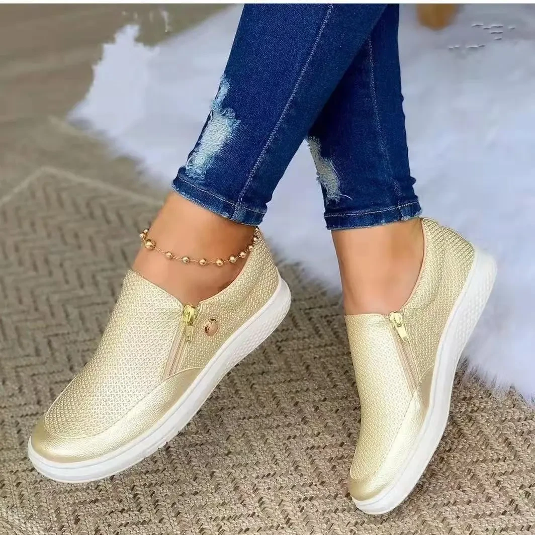 Zapatillas planas para mujer con cremallera lateral y punta redonda para caminar, otoño/primavera