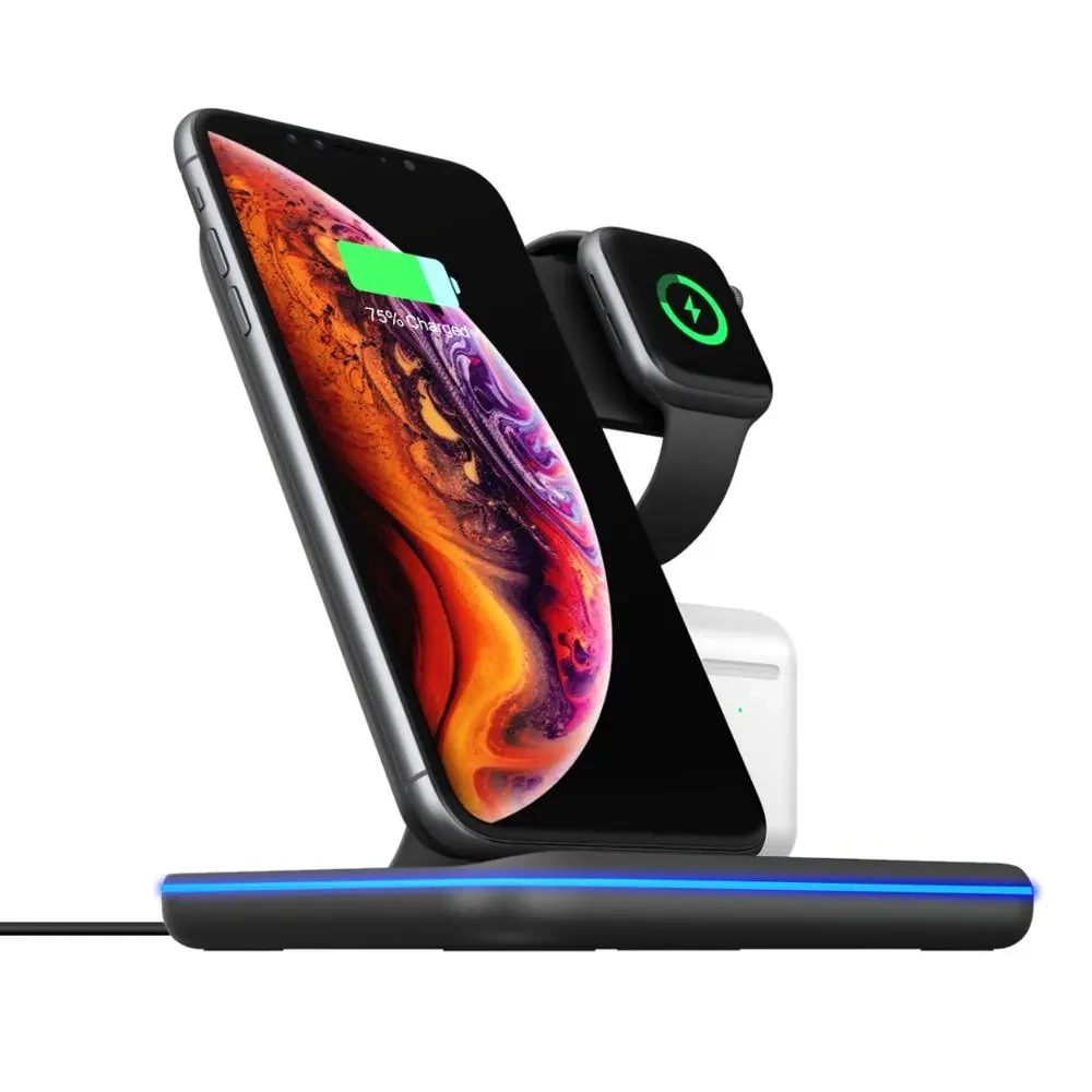 Cargador inalámbrico para teléfono móvil, reloj y auriculares.