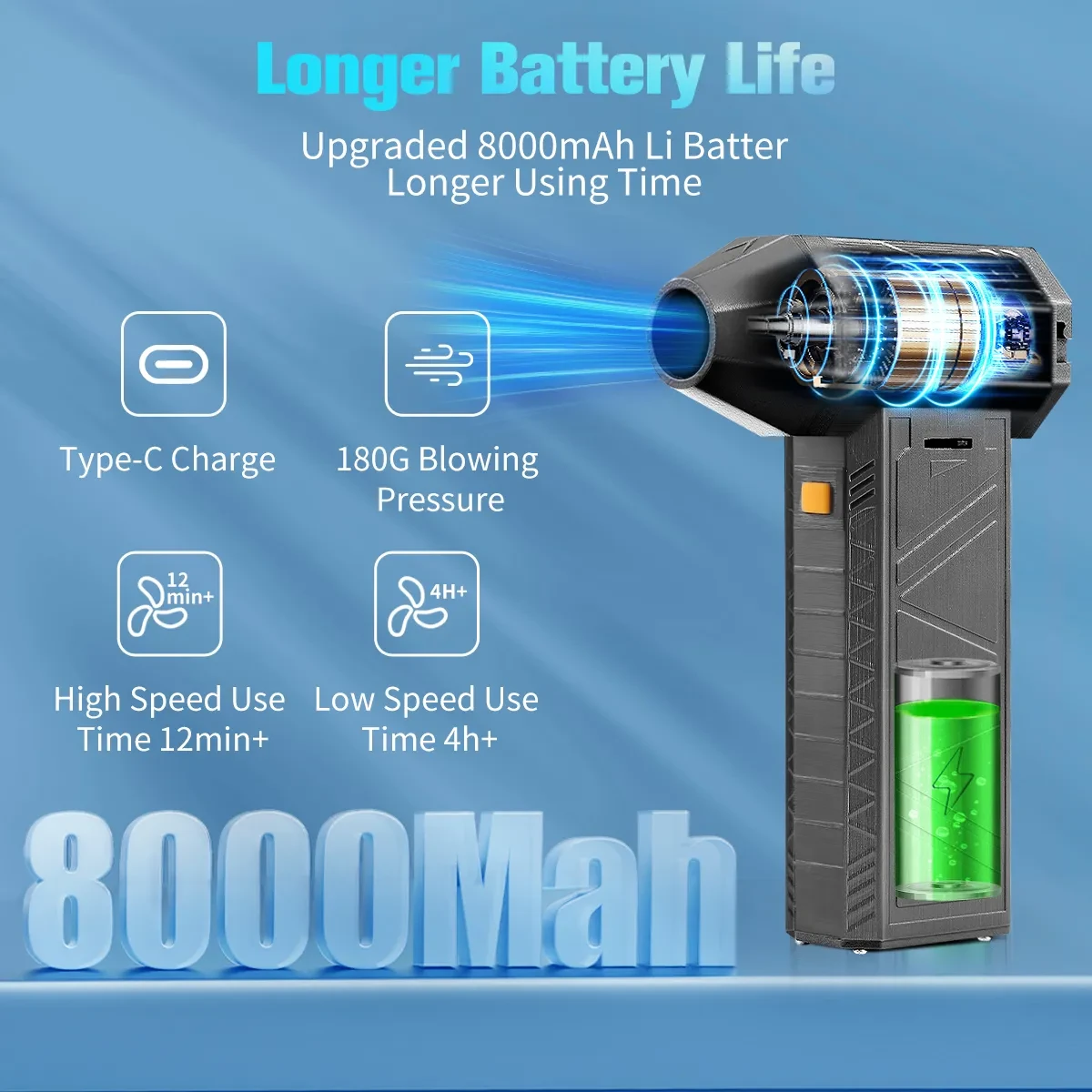 Plumero de aire eléctrico inalámbrico para teclado con batería grande de 8000 mAh y soplador de aire comprimido ajustable de 130 000 RPM para computadora, ideal para coche, interior, exterior y hogar.