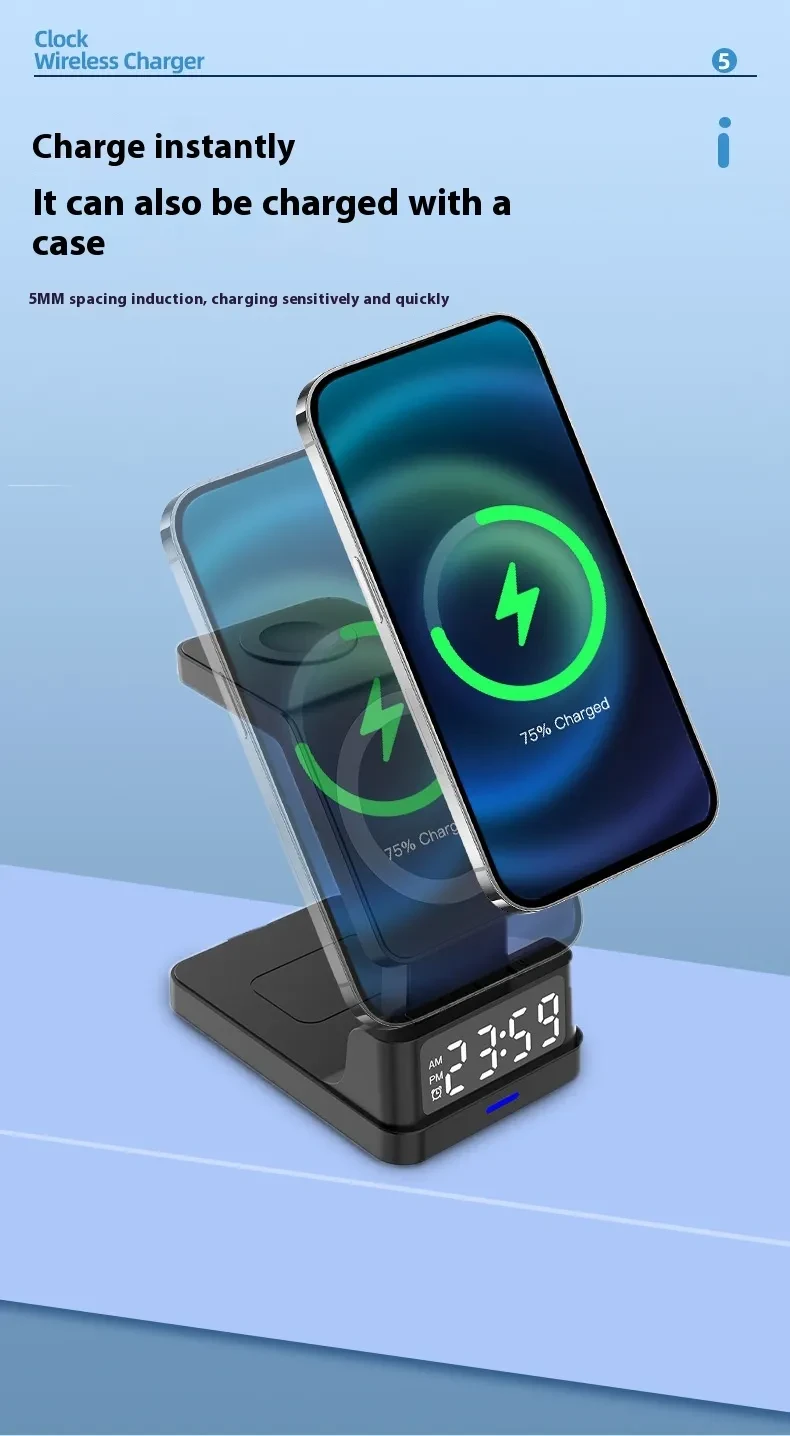 Cargador inalámbrico magnético tres en uno de 15 W con reloj
