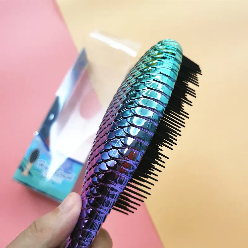 Peine de peluquería con masaje de sirena con degradado galvanizado, antinudos profundos