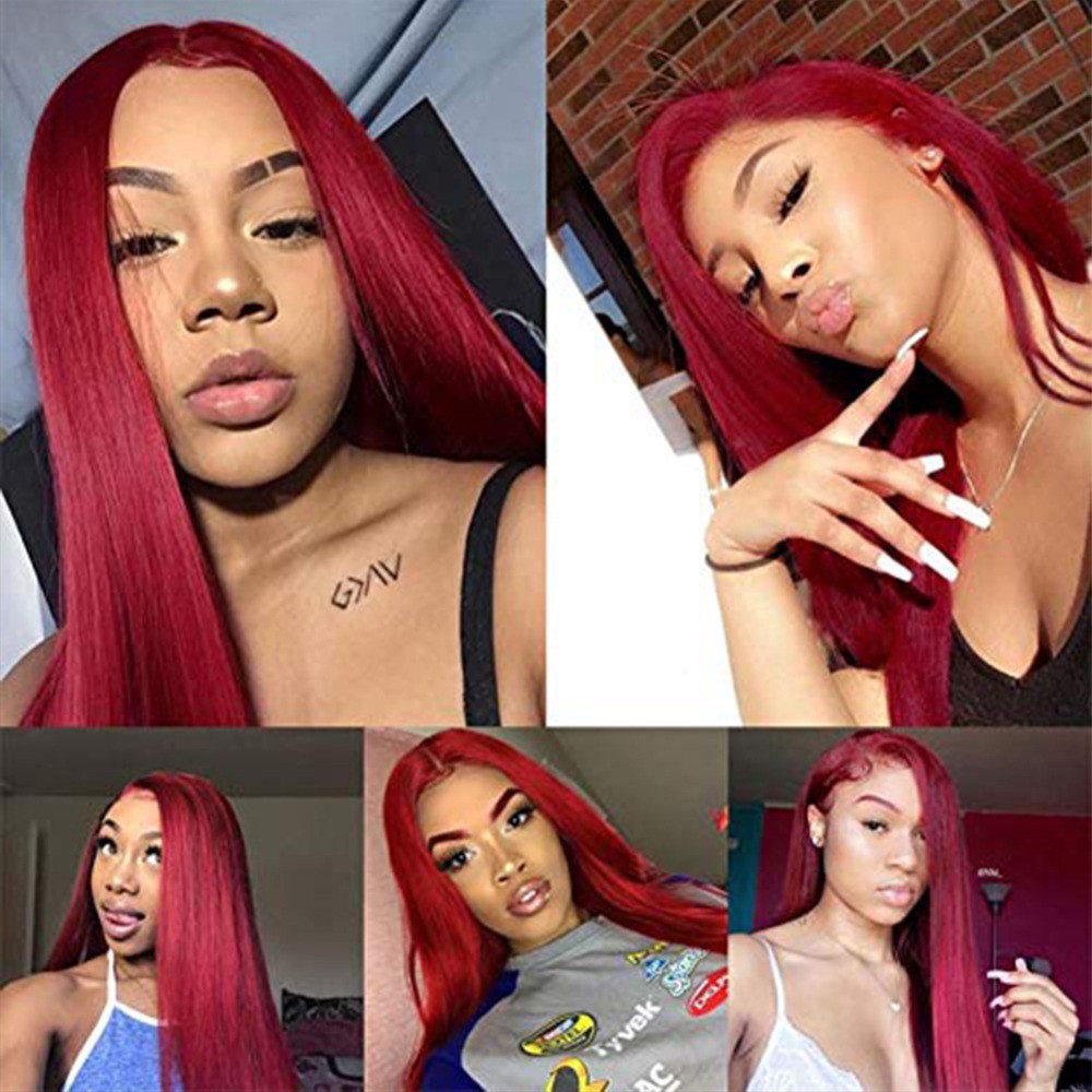 Pelucas de cabello humano con frente de encaje burdeos Peluca de cabello humano rojo