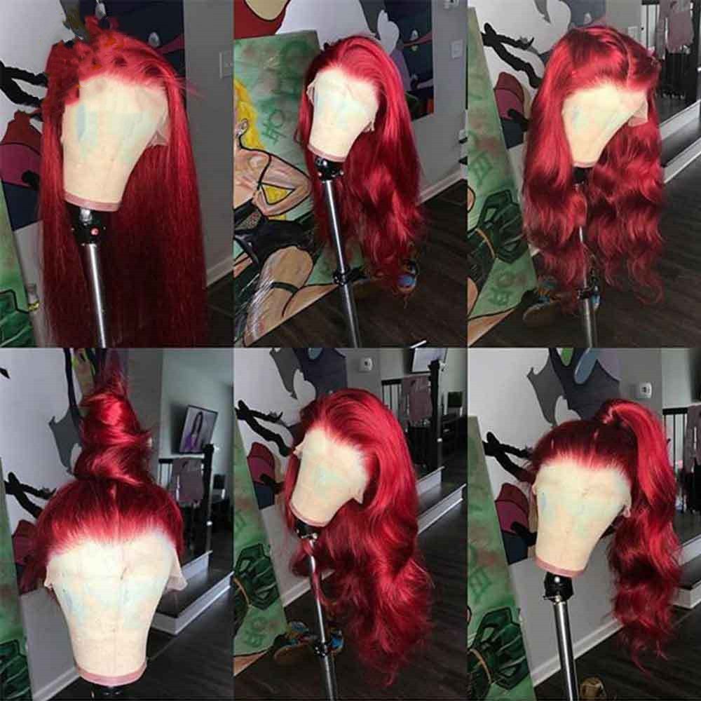 Pelucas de cabello humano con frente de encaje burdeos Peluca de cabello humano rojo