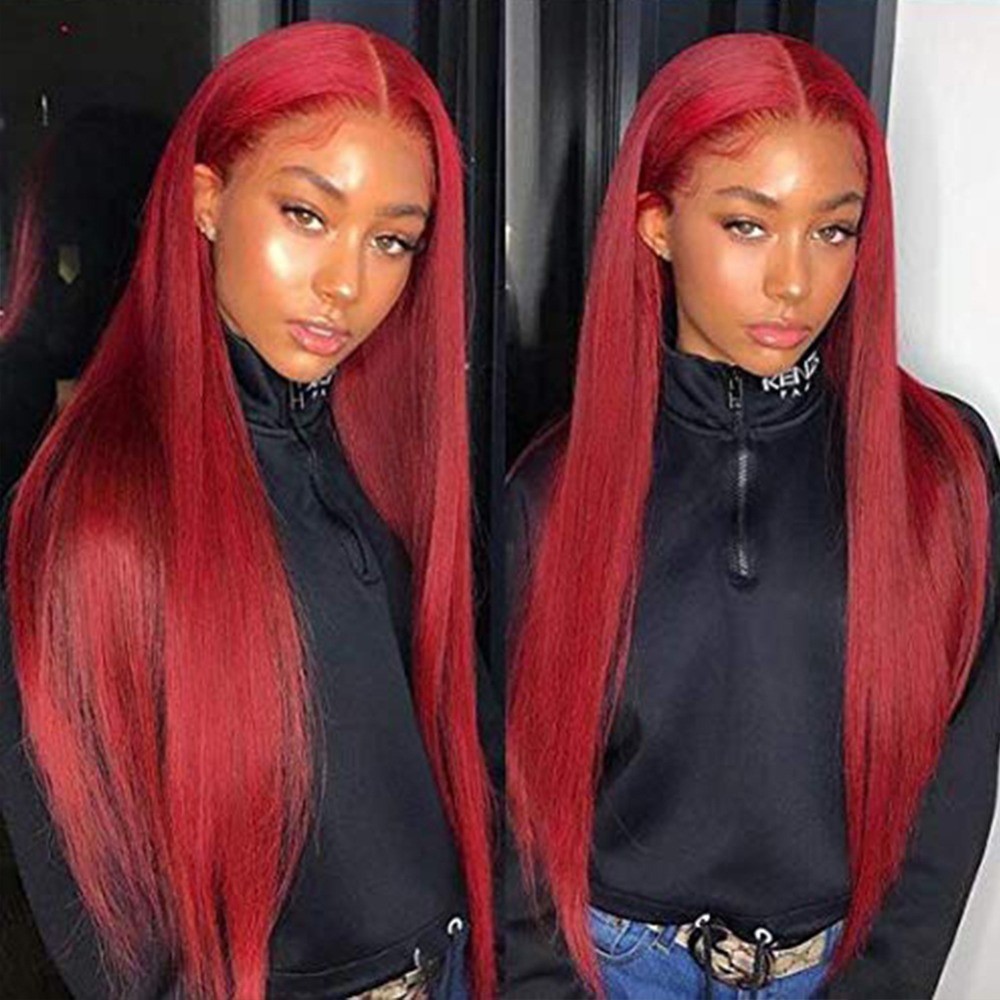 Pelucas de cabello humano con frente de encaje burdeos Peluca de cabello humano rojo