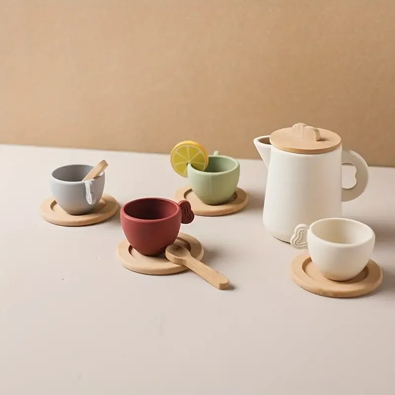 Juego de té para niños, juego de simulación, juego de rol de educación temprana, juego de taza y tetera de silicona en miniatura para niños pequeños, colores variados, juego interactivo para padres e hijos.