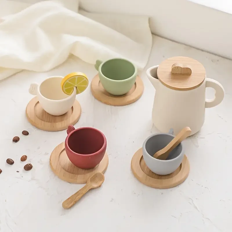 Juego de té para niños, juego de simulación, juego de rol de educación temprana, juego de taza y tetera de silicona en miniatura para niños pequeños, colores variados, juego interactivo para padres e hijos.