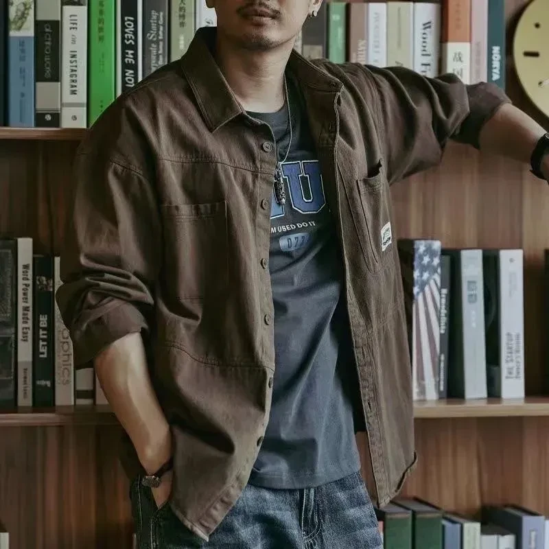 Camisa informal de manga larga con solapa y bolsillos, chaqueta holgada de color liso, tops para hombre, primavera y otoño