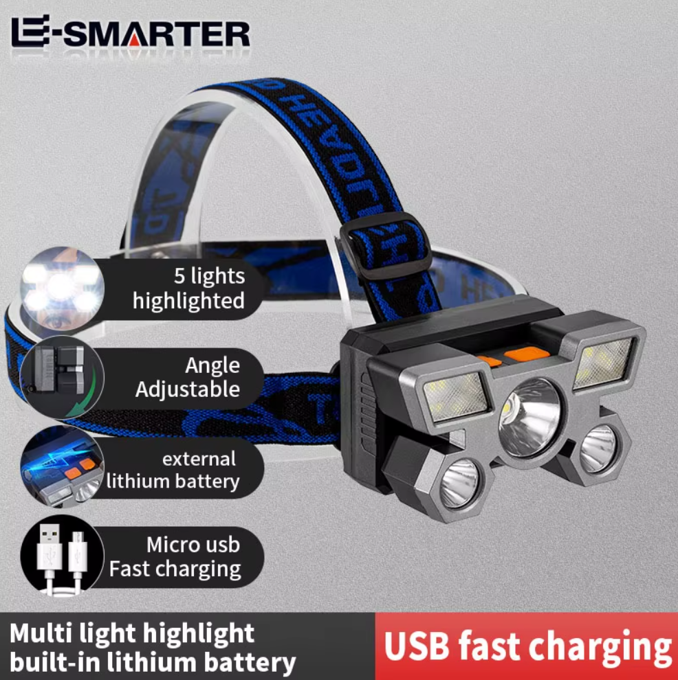 Linterna frontal portátil recargable por USB de 5 LED