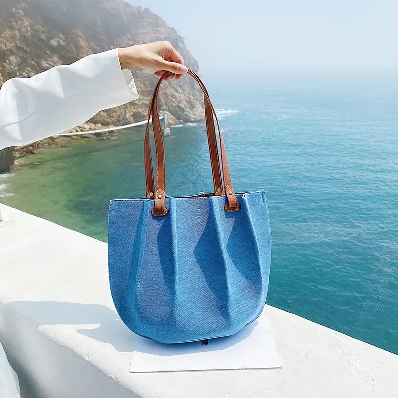 Nuevo bolso de hombro plisado de lona vaquera de moda