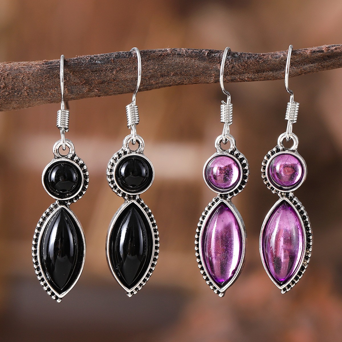 Vintage Gemstone Pendant Earrings Bohemian Niche